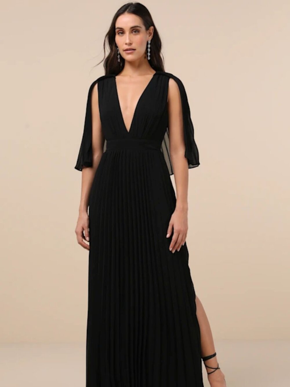 NWT Lulus Majestic Aura Black Pleated Cape Maxi Dress - Size S